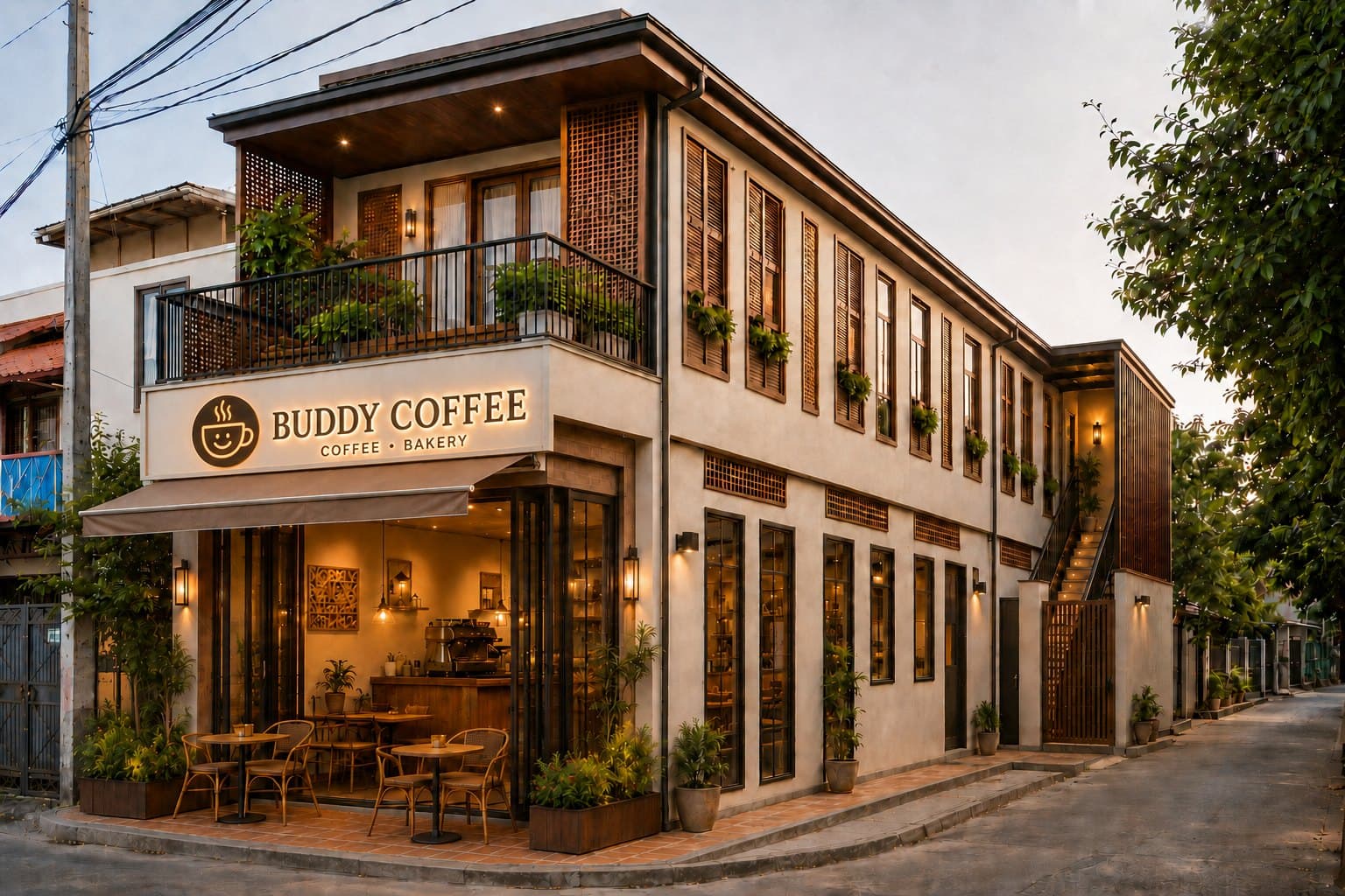 Buddy Coffee at dusk — corner shop with pavement seating